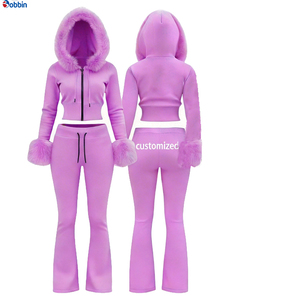 Conjunto de 2 Piezas Personalizado para Mujer, Sudadera con Capucha y Pantalones Deportivos, Cuello de Piel, Algodón 360g, Chándal de Invierno, Logotipo Personalizado con Pedrería - Product Image 6