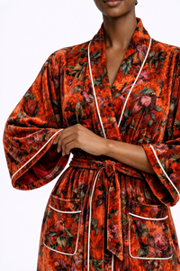 ชุดคลุมกิโมโนกำมะหยี่พิมพ์ลายด้วยมือ สไตล์วินเทจ หรูหรา นุ่มสบาย ระบายอากาศได้ดี สำหรับผู้หญิงไซส์พลัส แขนครึ่งตัว ยาวถึงเข่า - Product Image 4