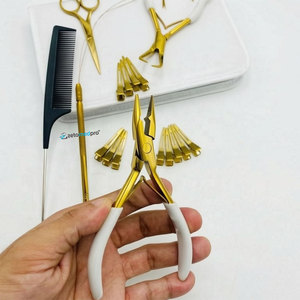 Kit d'outils professionnels pour extensions capillaires en acier inoxydable de qualité chirurgicale, durable, avec micro-anneaux, pince dorée, ciseaux, peigne C - Product Image 2