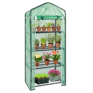 Serra da Giardino 69x49x160cm Nera con Struttura in Tubi di Ferro, Mini Supporto per Fiori a 4 Livelli, Griglia, Porta Avvolgibile con Cerniera e Telo in PE - Product Image 5