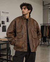 Veste chemise zippée en cuir marron délavé surdimensionnée pour homme, en cuir de mouton, style streetwear, coupe décontractée, vêtement d'extérieur décontracté