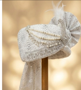 Ivory Chiffon Groom Turban with Pearl Beads Feather Embellishment Traditional Wedding Safa Pagri - Product Image 3