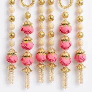 Handmade Eco-Friendly Plastic <b>Pink</b> Lotus Beaded Hanging <b>Decor</b> Pearl Strings Gold Accents Reusable Door Wall Pooja Decoration - Product Image 6