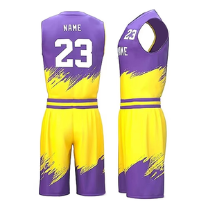 ชุดยูนิฟอร์มบาสเก็ตบอลสีม่วงเหลืองแบบกำหนดเอง ผู้ผลิต OEM ODM เสื้อและกางเกงขาสั้นทีมแบบสั่งทำพิเศษ ผู้จัดจำหน่ายขายส่ง - Product Image 4