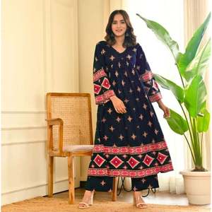 ATRACTIVE RAYON PRECIOSO ESTAMPADO TRABAJO LISTO PARA LLEVAR VESTIDO ANARKALI AZUL MARINO - Product Image 1