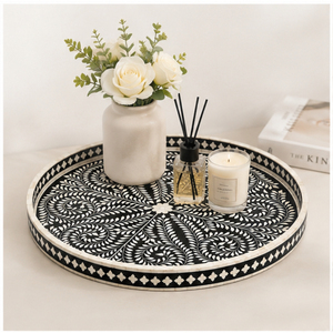 Bandeja Redonda Premium Hecha a Mano con Incrustaciones de Hueso Negro, Bandeja de Servicio de Resina Floral de Lujo al por Mayor para Decoración de Mesa de Centro a Precio Económico - Product Image 3