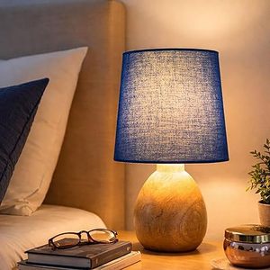 Lampe de sol moderne en bois artisanal bleu avec abat-jour en lin, lumière ambiante chaude décorative pour chambre à coucher, salon - Product Image 1