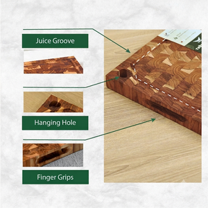 Tabla de cortar rectangular de madera de teca con ranura para jugo y orificio para colgar - Product Image 6
