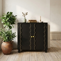 Meuble buffet d'entrée vintage français noir à 2 portes avec ligne ondulée dorée en bois massif, meuble de rangement