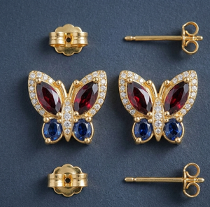 Pendientes de Mariposa Rojos y Azules con Piedras Multitamaño y Circonitas Cúbicas, 3 Pulgadas, 8 Gramos, Plata de Ley 925, Chapado en Oro de 18K, Joyería Étnica - Product Image 3