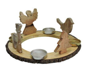 Porte-bougie décoratif en bois avec rennes et arbre, orné d'éléments métalliques, centre de table de Noël - Product Image 4