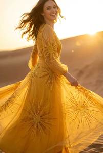 Vestido de Noche Amarillo de Sirena con Adornos Hechos a Mano, Cuello en V Profundo, Manga Larga, Vestido Formal, Fabricante, Venta al Por Mayor - Product Image 4