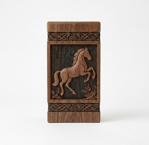 Hand-Carved American Style Wooden Urn <b>Box</b> Horse Design-Personalized <b>Memorial</b> Keepsake Eco-Friendly Durable 200-220 Cubic Inch - Product Image 1