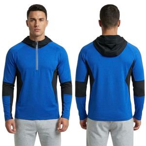 Sweat-shirts de sport pour hommes en tissu mélangé poly-spandex, bleu contrastant, respirants, à séchage rapide, demi-zip, manches longues, coupe ajustée - Product Image 1