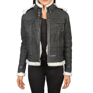Women Black Distressed Real <b>Leather</b> Hooded <b>Jacket</b> White Faux Fur Trim Slim Fit Premium Sheepskin Winter Biker Outerwear Fashion - Product Image 1