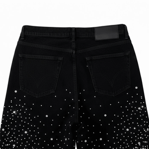 Shorts en jean décontractés pour hommes, 100 % coton, couleur unie, délavés, ornés de strass, logo personnalisé, coupe ample, taille élastique - Product Image 5