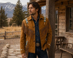 Men's Brown <b>Suede</b> <b>Leather</b> <b>Jacket</b> With Fringe And Beaded Embroidery Turn-down Collar Casual Autumn Wear - Product Image 2