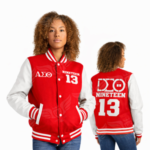 Veste universitaire personnalisée avec lettres grecques rouges, veste de style sororité brodée pour femmes, veste bomber inspirée des universités, OEM - Product Image 4