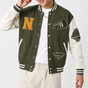Chaqueta Varsity Unisex SINEWY SPORTS Color Oliva, Diseño con Parche de Letra N Bordada, Cuello Camisero, Corte Regular, Estilo Preppy, Invierno - Product Image 4