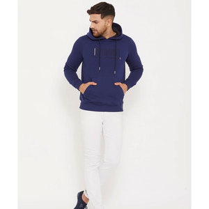 Sudadera con capucha azul marino para hombre, corte regular, tejido de algodón, informal, con bolsillo frontal y estampado de código de barras - Product Image 5
