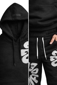 Unisex Black Cotton Tracksuit Set Hooded Sweatshirt and <b>Jogger</b> Pants with <b>White</b> Letter Print Streetwear Style Full Length Loose - Product Image 5