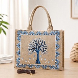 Bolso Tote de Yute Bordado Étnico con Cierre de Cordón y Forro de Algodón, Bolso de Hombro con Estampado de Árboles para Viajes Diarios - Product Image 2