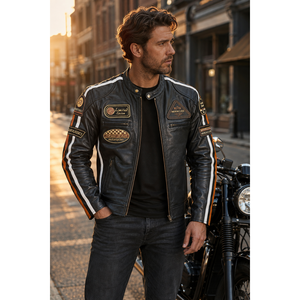 Veste de moto en cuir de vachette vintage personnalisée pour hommes avec patchs de course brodés OEM - Product Image 2