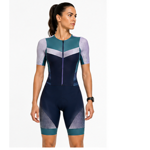 Combinaison de triathlon pour femme, bleu marine, motif géométrique violet, manches courtes, sans couture, respirante, compression ajustée, réversible - Product Image 1