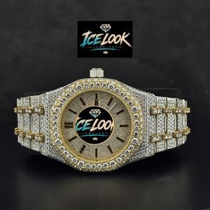 Reloj de Lujo de Cuarzo con Aspecto de Hielo, Acero Inoxidable, Incrustaciones de Diamantes, Correa de Dos Tonos, Visualización de Fecha, Reloj de Pulsera Moderno - Product Image 1