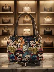 Sac fourre-tout en jacquard fait main avec portrait pop art et bandoulière amovible - Product Image 2