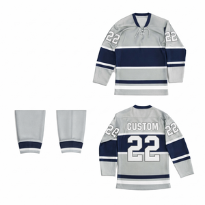 Lightweight Custom silver polyester mesh navy blue striped print Ice Hockey club Jersey Breathable Fabric <b>athletic</b> fit wholesale - Product Image 1