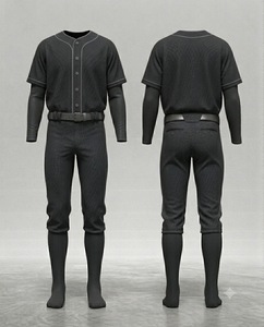 Men Baseball Uniform Set Black Polyester Jersey Pants Breathable Button Closure All Seasons Solid Color Regular Fit - Product Image 1
