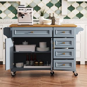 Isla de Cocina de 52 Pulgadas con Textura en Relieve, con Estante para Especias, Toallero, 2 Puertas y 5 Cajones, Islas y Carritos de Cocina con Ruedas - Product Image 2