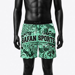 Shorts de playa para hombre, 140 GSM, secado rápido, microfibra de poliéster, verde menta, negro, estampado de grafiti, sublimación, logotipo personalizado. - Product Image 4