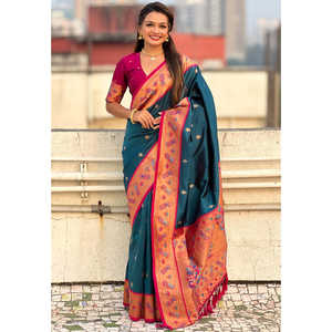 Sari en soie Paithani Yeola contrastant, tissé avec des fils Zari bleus denim et des micro-décorations Meenakari, vêtements indiens et pakistanais, 0.65g - Product Image 4
