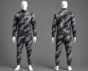 Ensemble de survêtement camouflage noir et gris pour homme - Veste zippée et pantalon de jogging - Tenue de sport décontractée - 2 pièces - Product Image 1