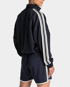 Nouvelle veste courte zippée bleu marine surdimensionnée au design tendance et short à rayures, ensemble streetwear pour femme - Product Image 2