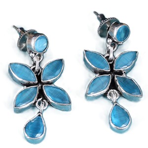 Wholesale Oxidized <b>Silver</b> Brass Blue Cat Eye Stone <b>Dangle</b> <b>Earring</b> for Women | Boho Floral Drop <b>Earrings</b> | Fashion Jewelry Supply - Product Image 3