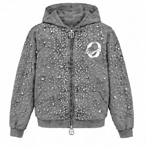 Sweat-shirt à capuche gris argenté perlé avec fermeture éclair, orné de cristaux étincelants, style streetwear tendance, à manches longues, avec P - Product Image 1