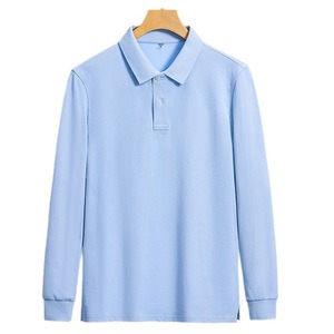 <b>Men</b> Light Blue <b>Long</b> <b>Sleeve</b> <b>Polo</b> <b>Shirt</b> Knitted Cotton Casual Style Breathable Solid Color Regular Fit - Product Image 2