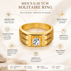 Anillo Solitario de Diamantes Reales de 0.30 TCW para Hombre |   Anillo de compromiso y aniversario de oro amarillo con corte brillante redondo y engaste de puntas, joyería fina - Product Image 5
