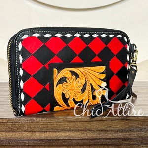 2026 Personalized Floral Tooled Genuine Leather Cute Checkered Pattern <b>Clutches</b> Purse Zipper With Wholesale Luxury <b>Wallet</b> - Product Image 1