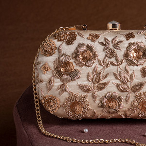 Fancy Indian Zardozi Silk Clutches Half Moon Pearl Design Floral Handmade Purse for Women Classic Ethnic Bridal Fashion Casual - Product Image 2