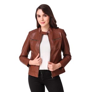 Wholesale Women Solid Color <b>Leather</b> Zipper Button Decoration Slim Casual Jacket - Product Image 1