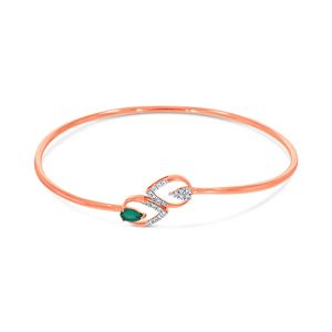 Bracelet manchette ouvert de luxe en or rose avec pierre verte taille poire et zircone cubique pour femme, en or rose 18 carats avec diamants et émeraudes - Product Image 1