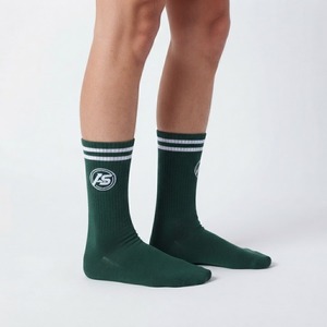 Dark Green Athletic Crew <b>Socks</b> with Double <b>White</b> Stripes Circular Logo Design Team <b>Sports</b> Knit Hosiery - Product Image 5