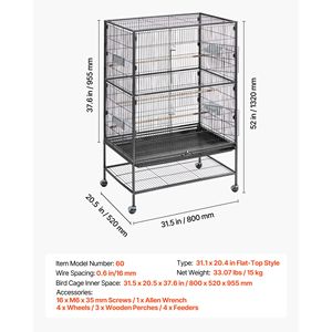 Gabbia per Uccelli in Ferro Battuto con Tetto Piatto 31,5 X 20,5 X 52 Pollici, Posatoi, Vassoio Scorrevole e Mangiatoie in Plastica per l'Allevamento - Product Image 5