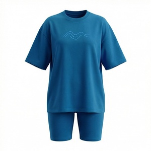 Conjunto Deportivo de 2 Piezas para Mujer, Tejido, Azul Sólido, Camiseta de Manga Corta y Pantalones Cortos por Encima de la Rodilla, Corte Holgado Informal, Transpirable, para Verano - Product Image 1