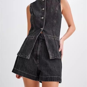 Women Two Piece Solid Denim Cotton Yoga Set Sleeveless <b>Top</b> Relaxed Fit Elastic Waist Shorts Eco-Friendly Quick Dry Summer Casual - Product Image 2