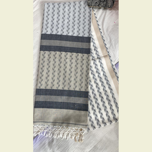 Sari en soie et coton à motif géométrique crème avec bordure grise, tissu Habotai tissé pour femmes, poids moyen, 58/60 pouces - Product Image 6